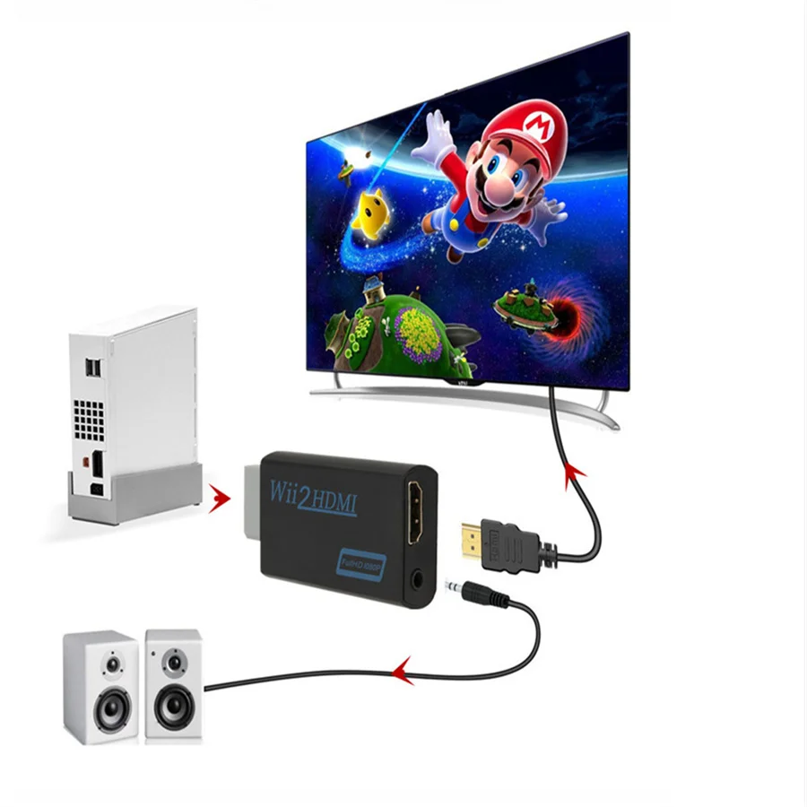 Conversor WII para HDMI, Áudio para PC, HDTV, Monitor Display, Full HD 1080P, HDMI para HDMI 2, 3,5mm