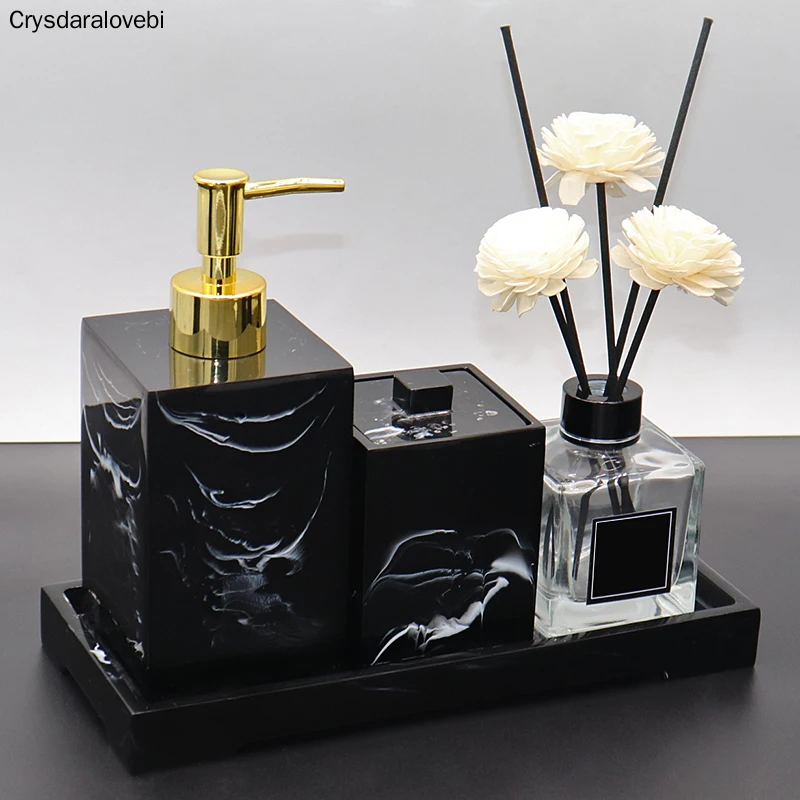 Black Marble Pattern Resin Bathroom Set Storage Tray Toothbrush Holder Kit Liquid Soap Dispenser Hotel Bathroom Supplies Toothpi