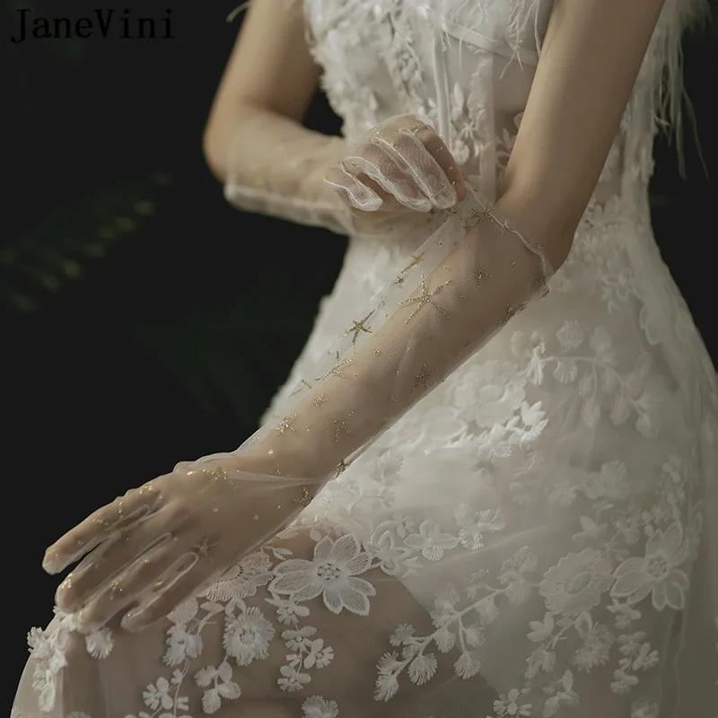 JaneVini guanti da sposa lunghi al gomito Sexy vedi attraverso abiti da sposa a dito pieno guanti sposa guanti con decorazione a stella d'oro