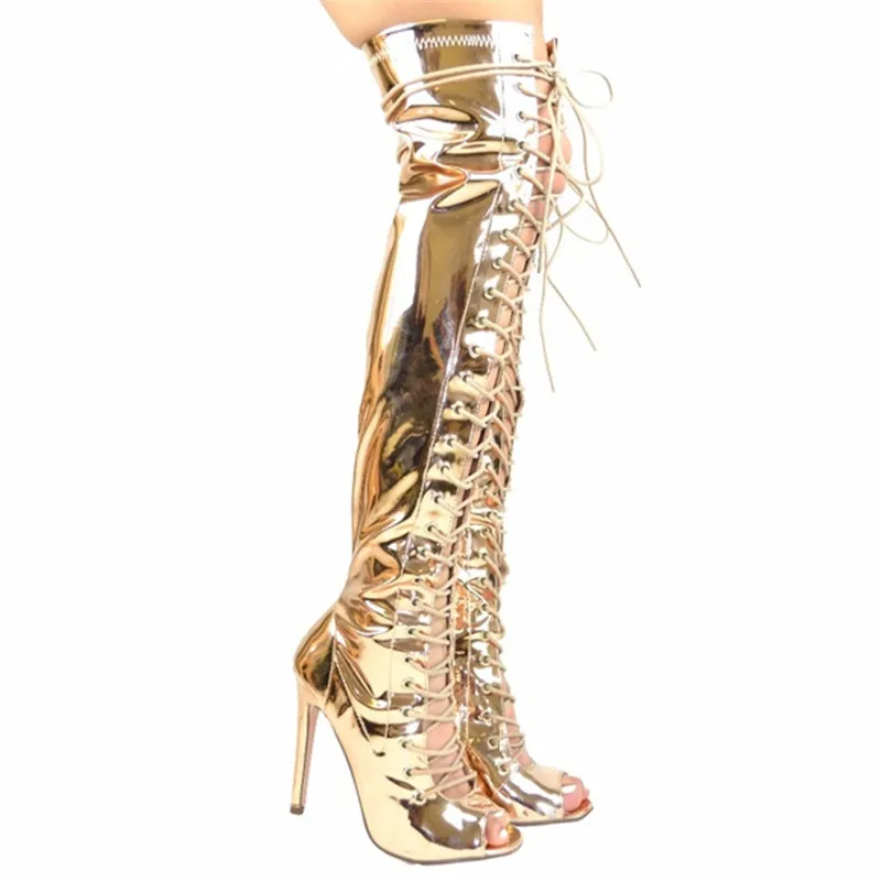 Fashion Gold Lace Up Over The Knee Boots Ladies High Heels Open Toe Strip Shoes Summer Cutouts Gladiator Long Sandals Booties
