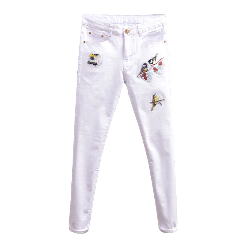 Jeans bianchi da uomo con ricamo a uccello moda Streetwear pantaloni dritti in Denim elastico in cotone P86