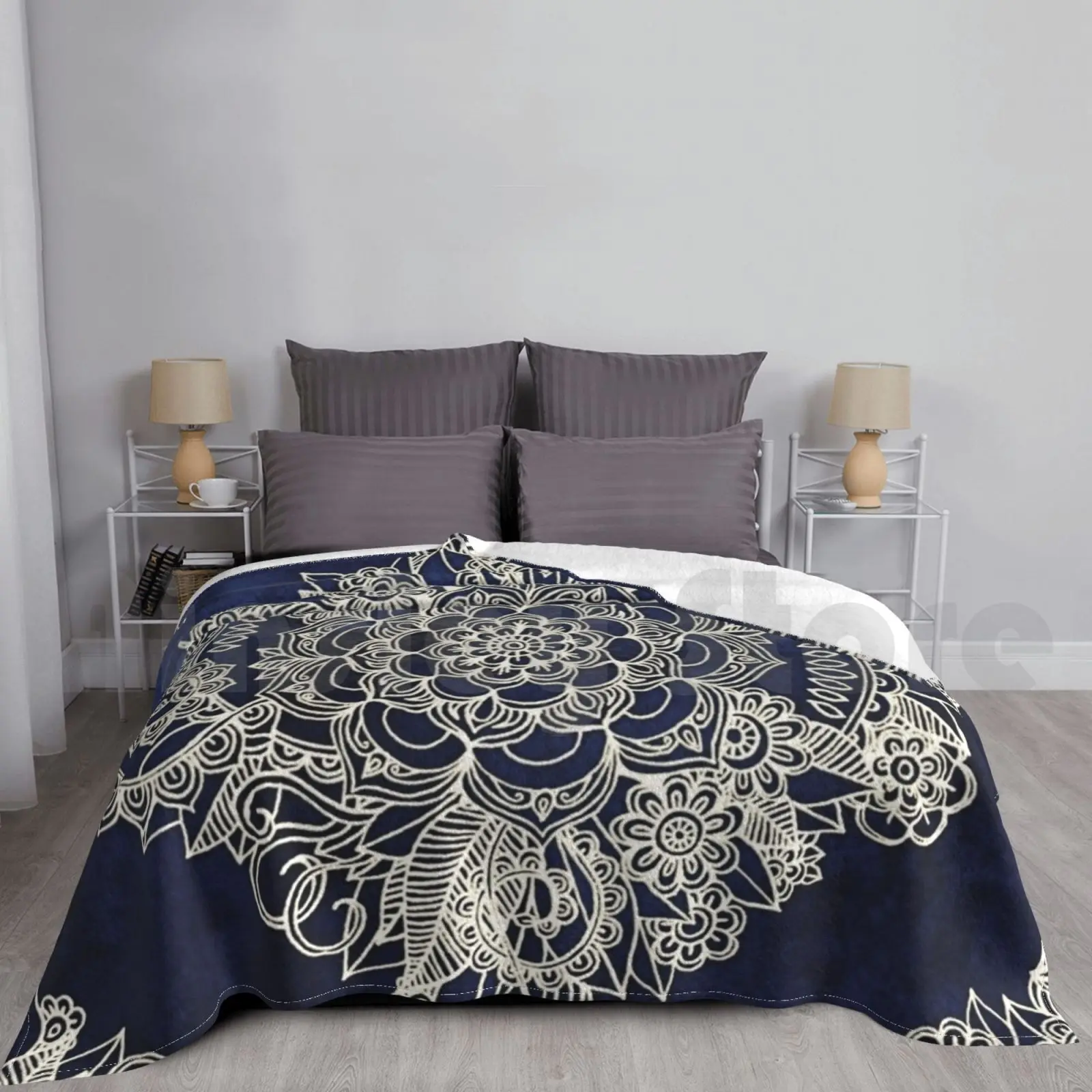 Cream Floral Moroccan Pattern On Deep Indigo Ink Blanket Super Soft Warm Light Thin Floral Pattern Moroccan Doodle