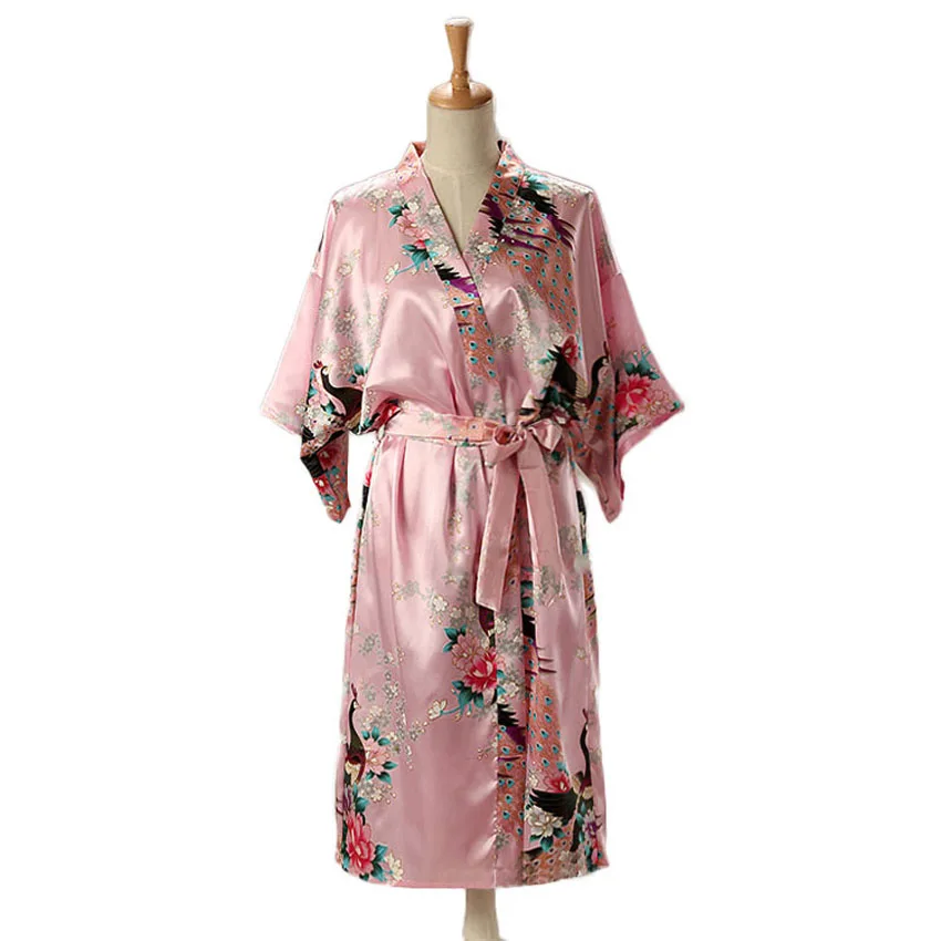 Pijama de estilo suelto para mujer, ropa de dormir para el hogar, con cordones, estampado de pavo real, vestido de noche con cuello en v, Kimono