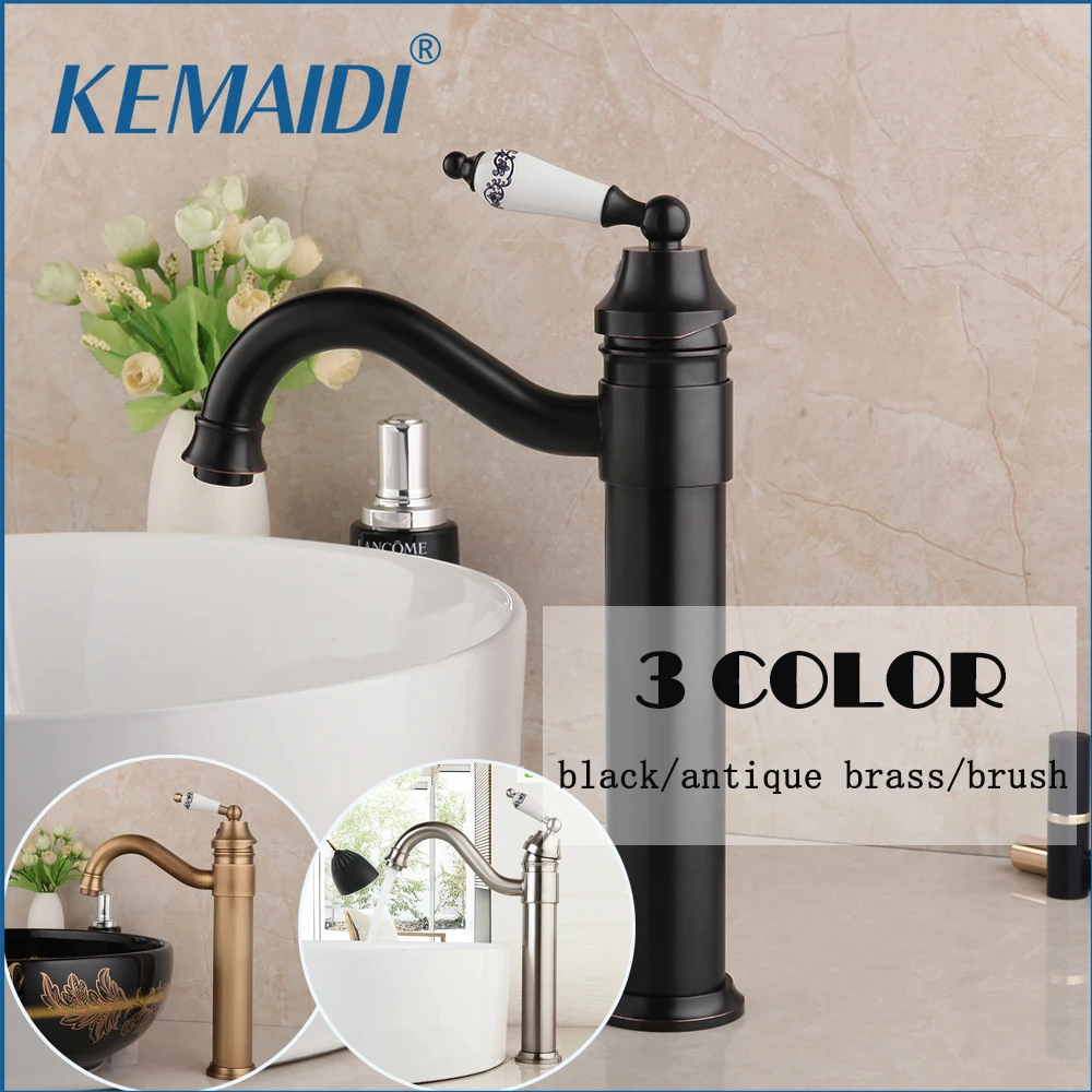 

KEMAIDI Black Bathroom Basin Faucets Ceramic Single Handle Basin Vessel Sinks Mixer Antique Brass Tap Water Faucet Taps