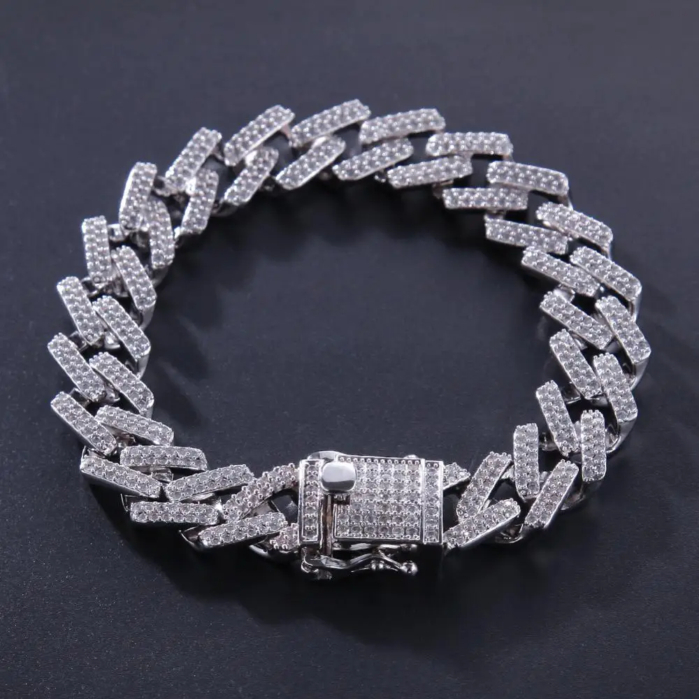 HIBRIDE Miami Prong Cuban Link Bracelet 3 Row Full Iced Out Cubic Zircon 7inch 8inch Bracelet Mens Hiphop Jewelry B-148