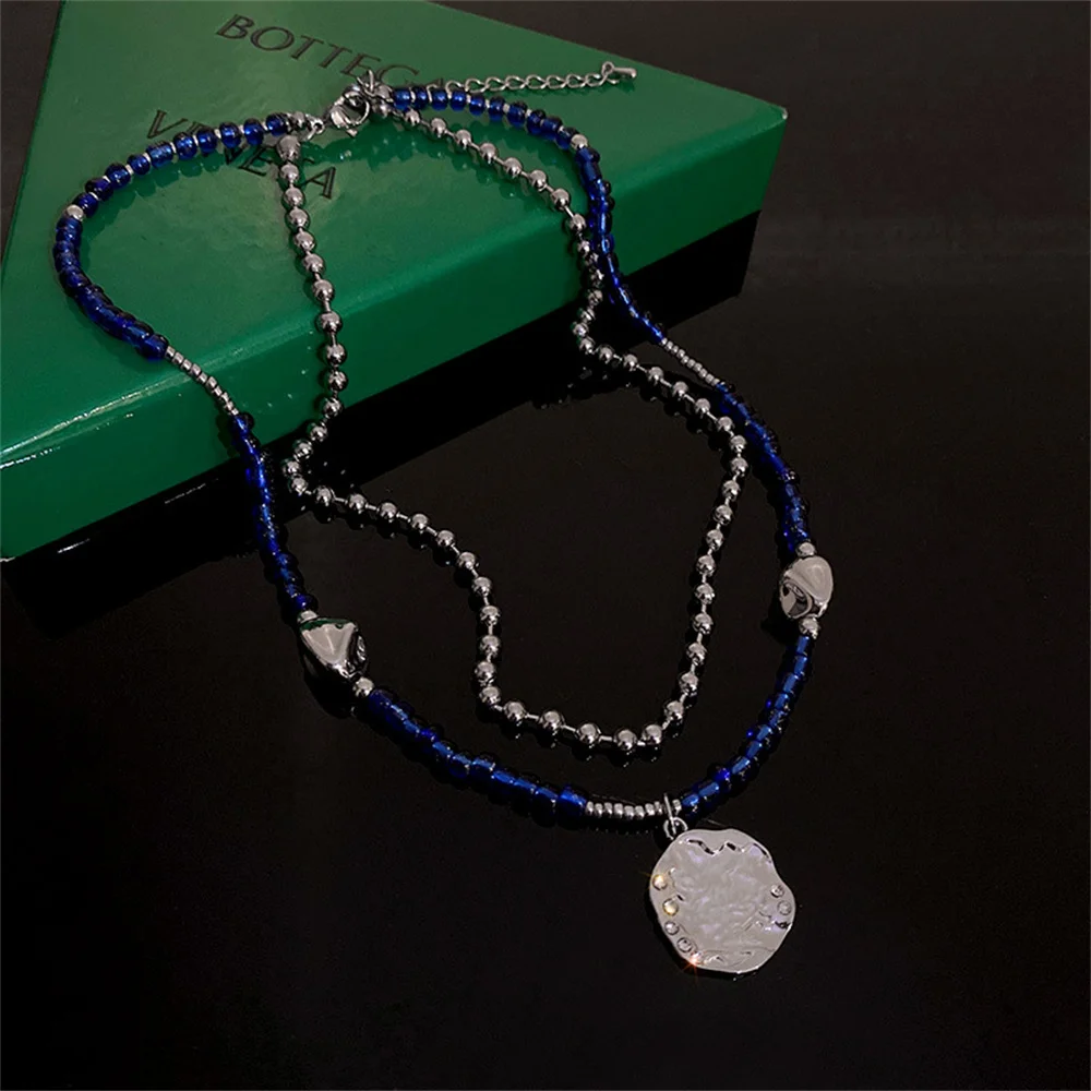 South Korea irregular round brand double layer necklace design splicing clavicle chain personality sweater sweater accessories