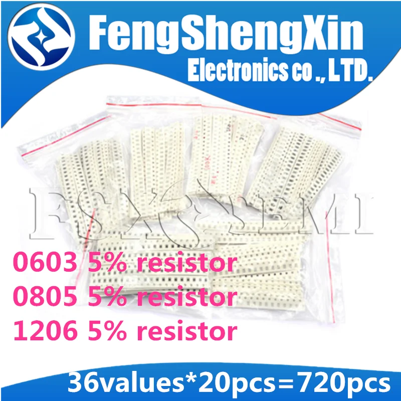 36Values*20pcs=720pcs 0603 0805 1206 SMD Resistor Kit Sample bag 1/4W 0.25W 5% 1ohm~10M ohm  SMD Assorted Kit 1R 1K 100K 3.3 1M