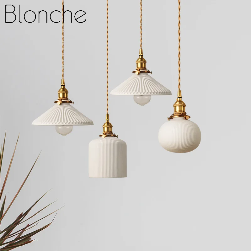 

White Ceramic Brass Pendant Lights Fixtures Restaurant Bedroom Bedside Nordic Japanese Style Hanging Lamp LED Hang Lampen