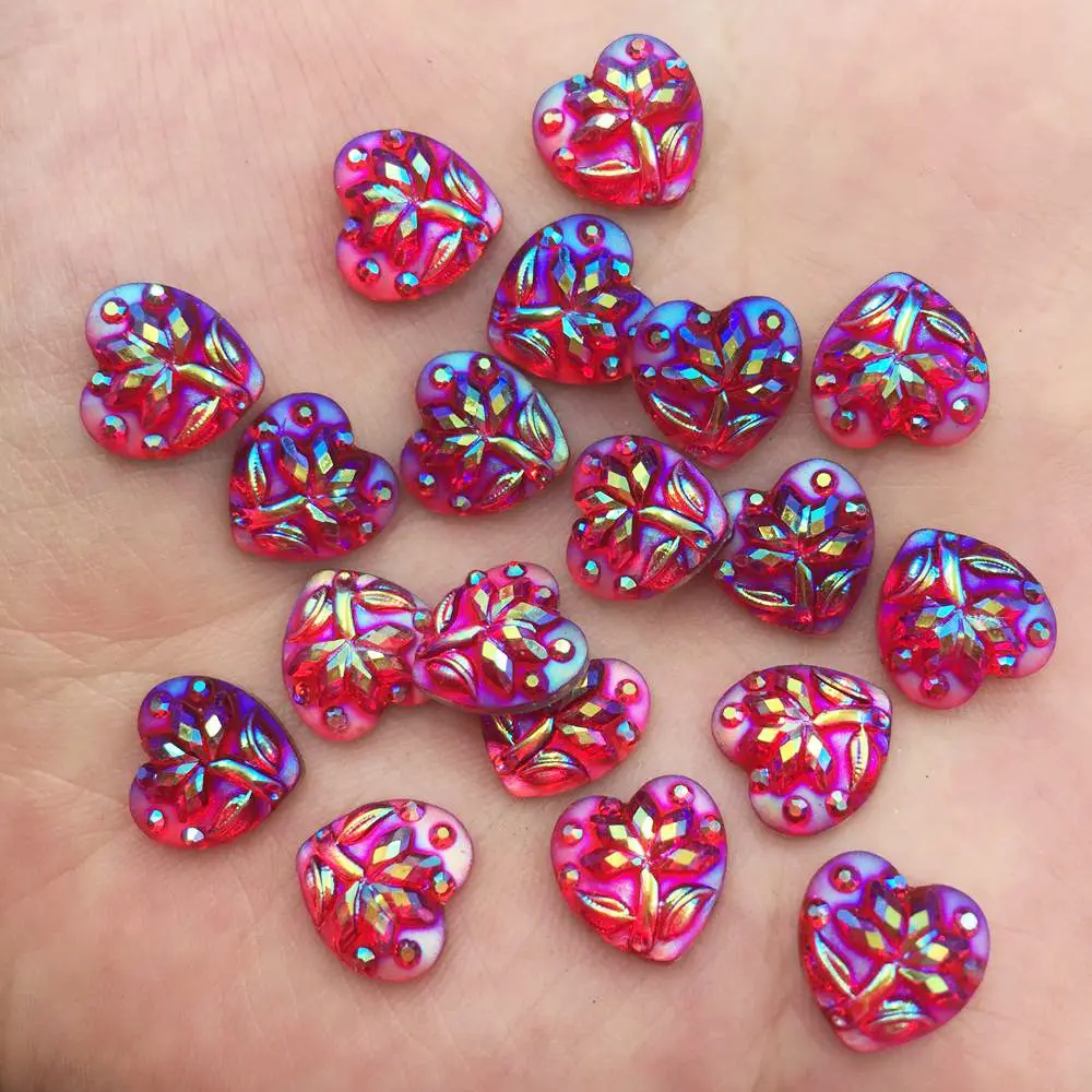 100pcs AB Resin Glitter Red 10mm Heart Flower Flatback Rhinestone Scrapbook Ornaments DIY Wedding Appliques Craft SF954