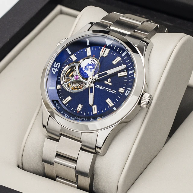 

Reef Tiger Мужские автоматические часы Роскошные мужские часы Механические наручные часы Скелетон Циферблат Светящийся стальной ремешок Мировое время RGA1693-2