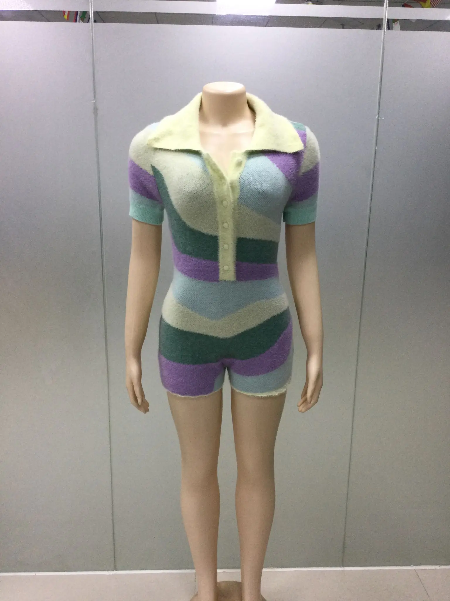 بدلة رياضية مثيرة للنساء ، رومبير محبوك غير رسمي ، رقبة على شكل حرف V ، كم قصير ، مرقع ، مشمس ، ملابس صيفية ، من HGTE