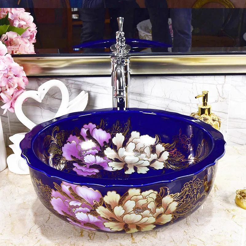 

Jingdezhen Bathroom ceramic sink wash basin Counter Top ceramic Wash Basin Bathroom Sinks blue