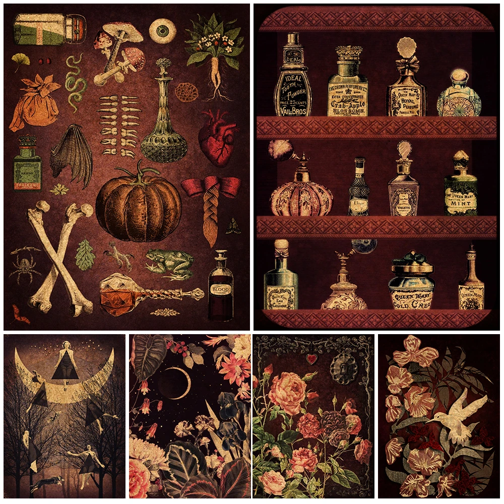 Steampunk Witch Secret Garden Vintage Wall Art Canvas Painting Witchcraft Magic Supplies Decoration For Living Room Unframed