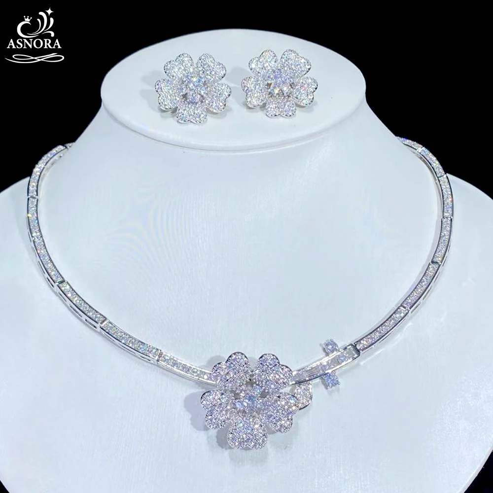 ASNORA Fashion CZ Jewelry Set, Elegant Flower Necklace And Earrings, European Jewelry Bridal Wedding Party, Dress Accessories