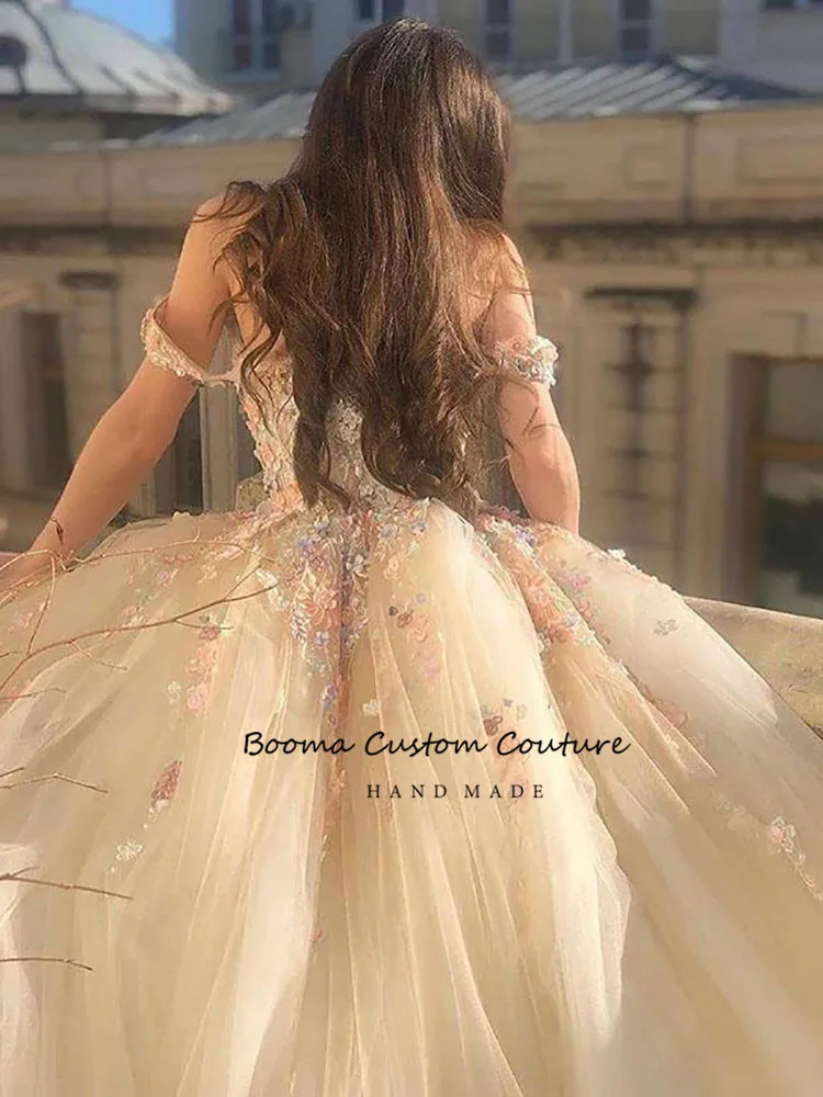 Fairy Ball Gown Princess Prom Dresses Off the Shoulder Sweetheart Floral Appliques Formal Party Dresses Tulle Long Evening Gowns