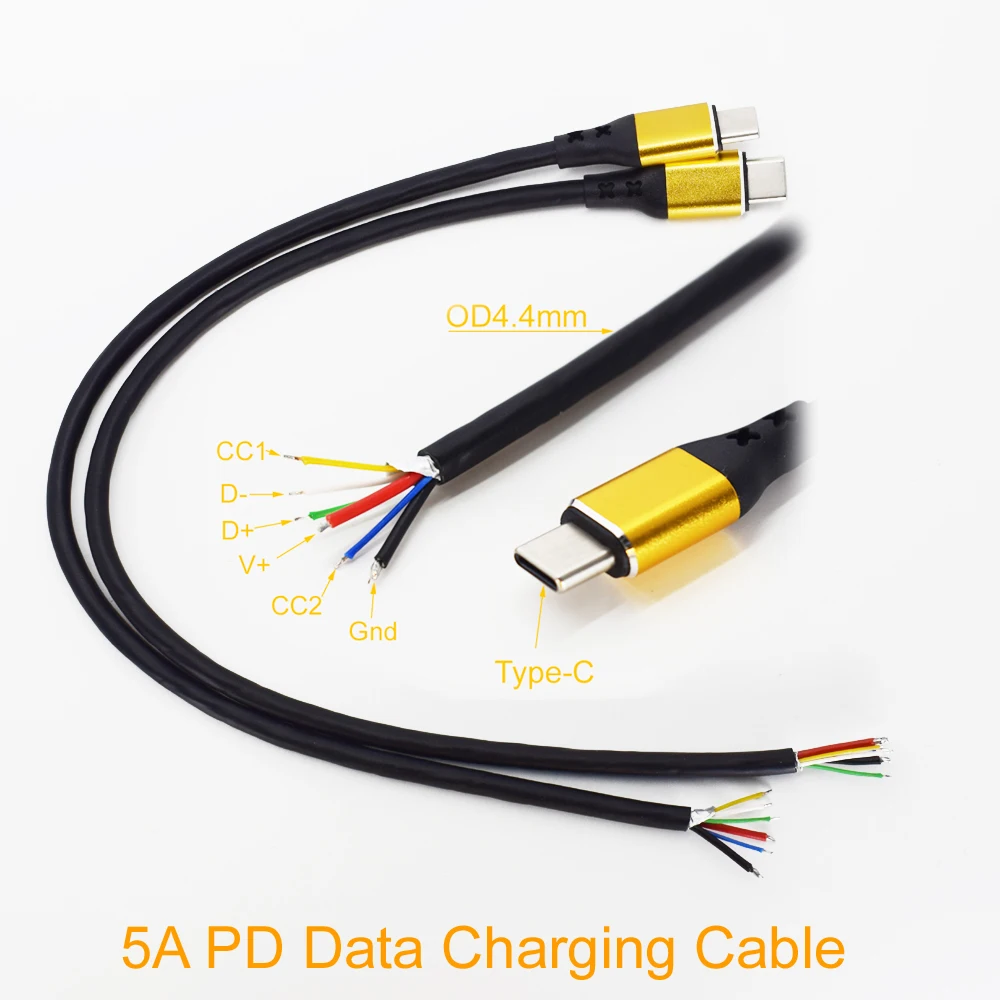 1pc 30cm USB Type-C Male Plug PD Power Cable 5A Fast Charge 6 Wires Pigtail DIY