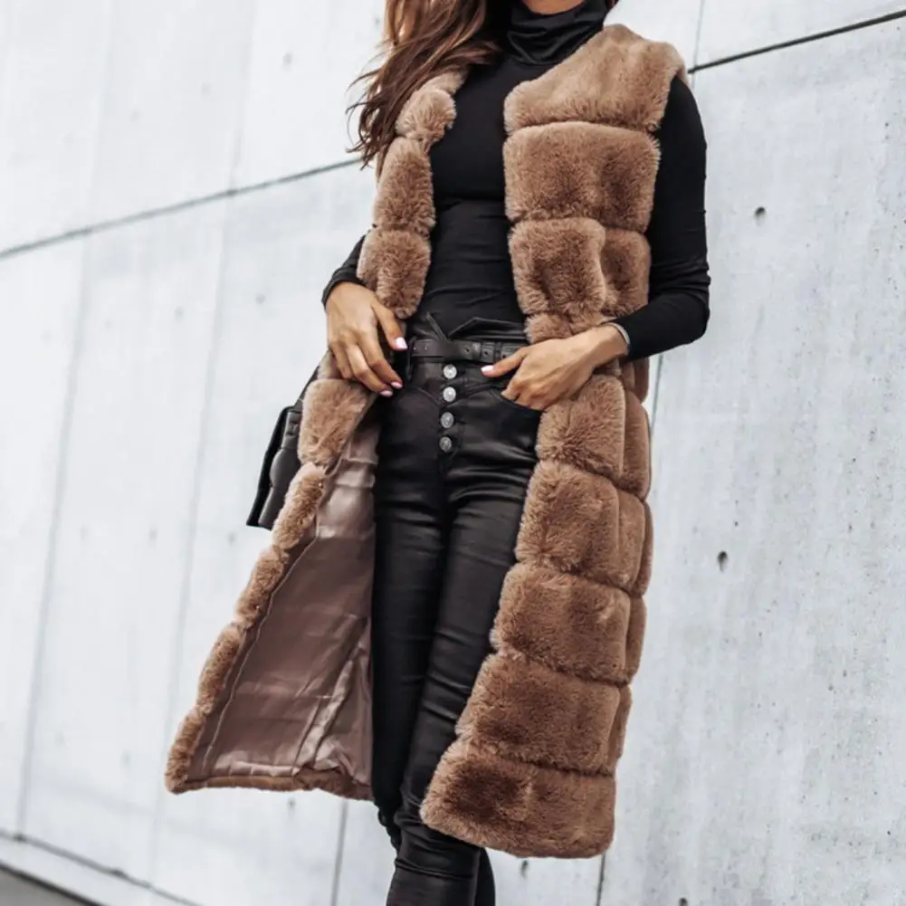 2021 frauen Weste Mantel Faux Pelz Horizontale Streifen Öffnen Stich Lange Winter Jacke Sleeveless Feste Rundhals Starke Oberbekleidung Täglichen