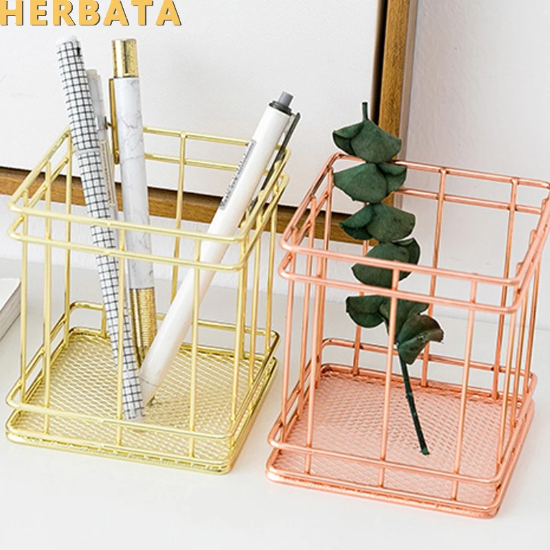 

Multifunction square iron pen holder rose gold iron mesh storage basket metal desktop desk sorter Office Accessories CL-2503