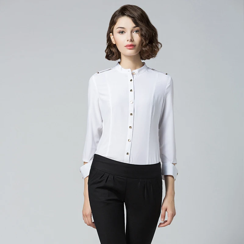 Blusa de oficina inteligente para mujer, camisa de manga corta con cuello levantado y hombros descubiertos, color blanco, 2020