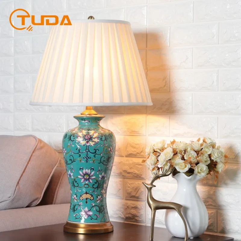 TUDA 40x70cm Jingdezhen New Chinese American Ceramic Large Table Lamp for Bedroom Bedside Lamp Model Room Living Room Decoration