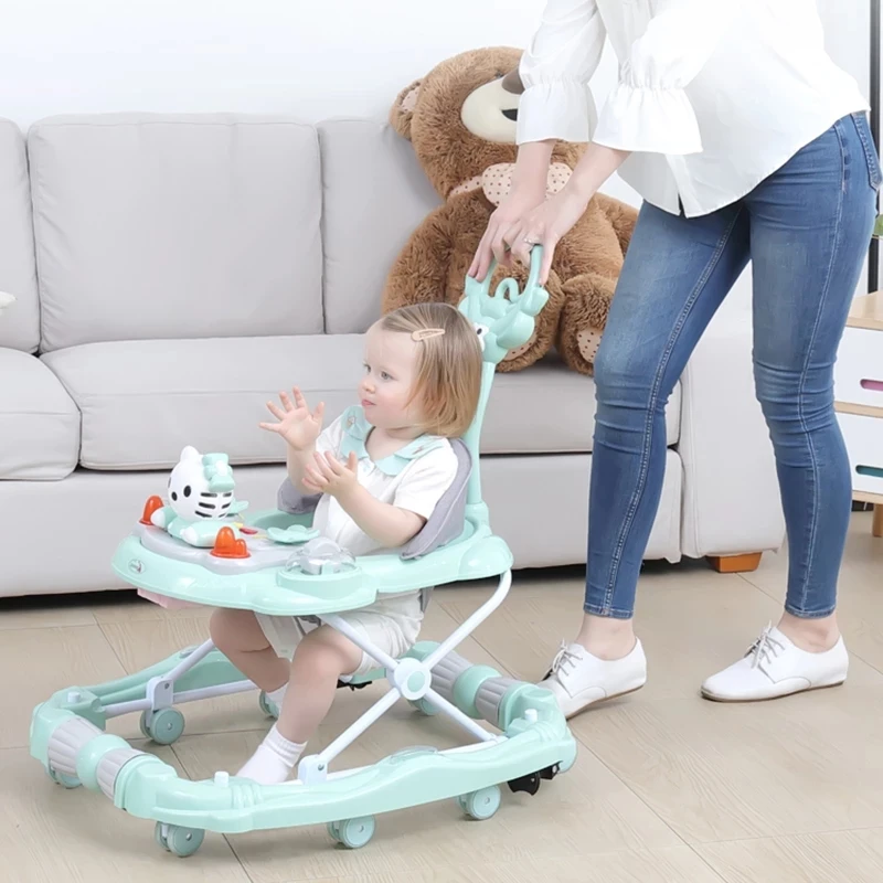 Foldable Baby Walker With Toy Anti-rollover Musical Walker Hand Push Trolley Rocking Horse For 6-18month