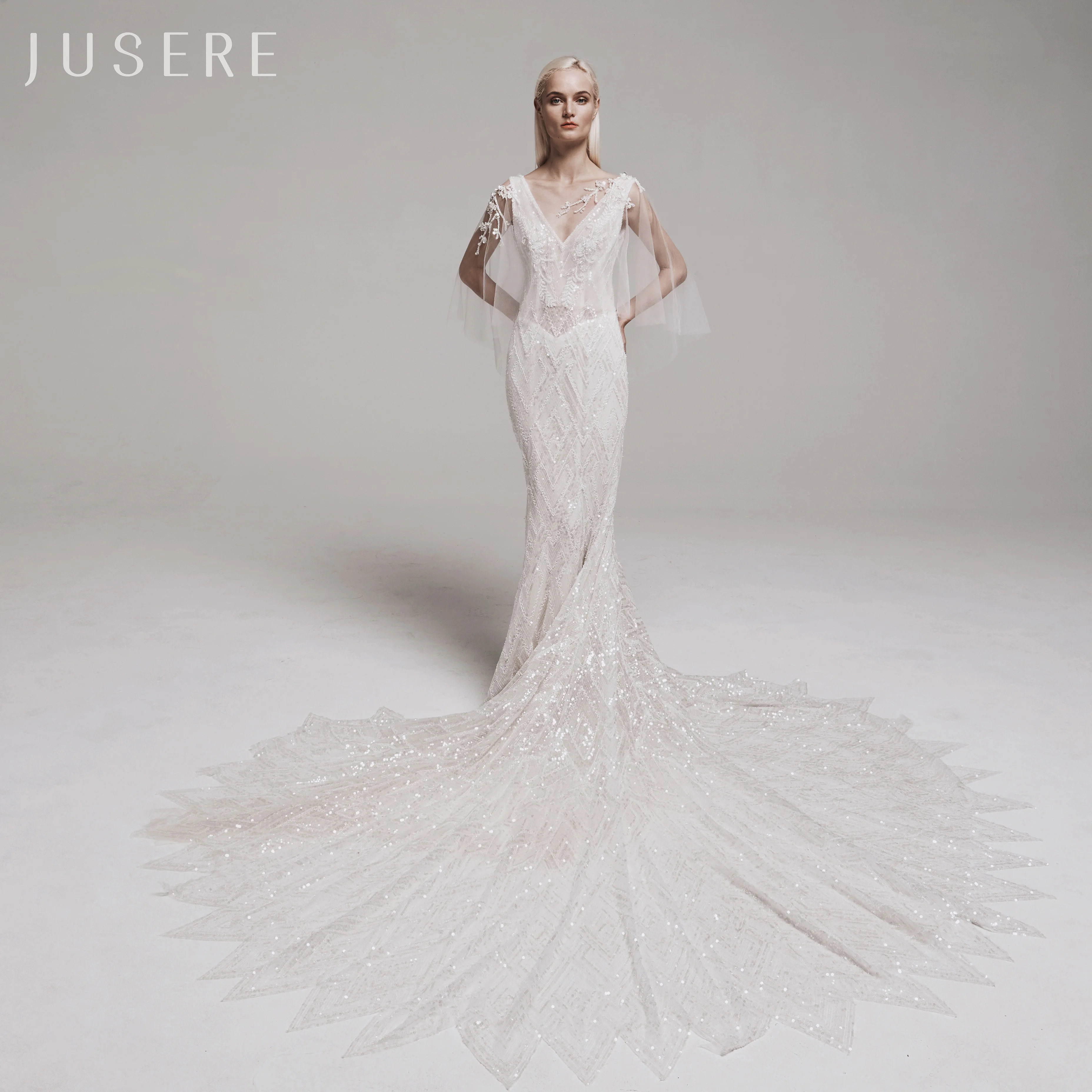 Jusere v-neck shiny  mermaid bridal dress wedding dress bridal gown sleeveless beaded dress with cathedral train