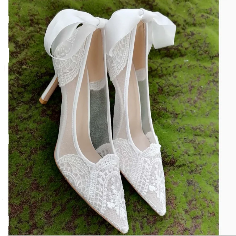 Summer lace straps pointed toe shallow mouth pearl bridal wedding shoes stiletto shoes party dress small size women's sandals