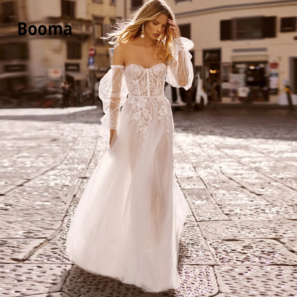 Booma Beach-Robe de mariée à manches longues bouffantes, dentelle avec appliques, points doux, robe de soirée en tulle, patients Boho, quelle que soit la sortie initiée, 2020