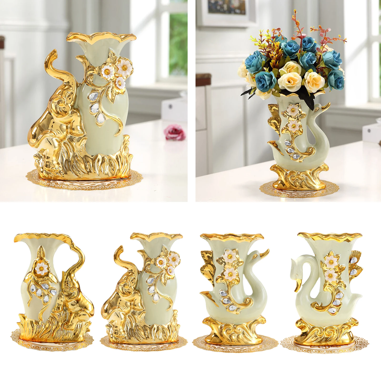 European Style Ceramic Golden Swan/Elephant Vase Dry Flower Holder Arrangement Dining Table Home Decoration Accessories