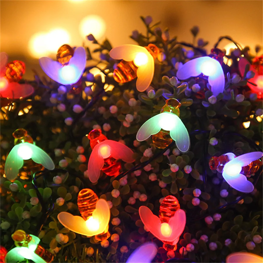 Cute LED Solar Honey Bee Fairy String Lights 20/30/50led Outdoor Garden Fence Patio Christmas Garland Lights for Home Decoration