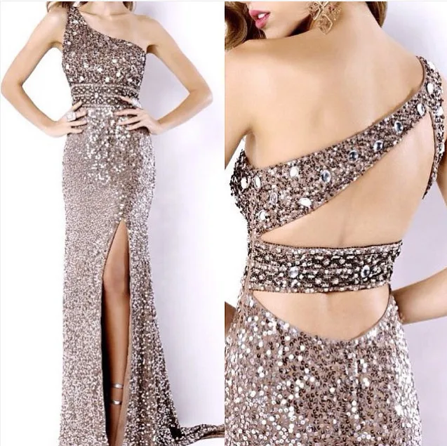 Bling Bling Sexy Evening prom gown 2018 One Shoulder Side Slit Beading Sequined Vestido de festa mother of the bride dresses