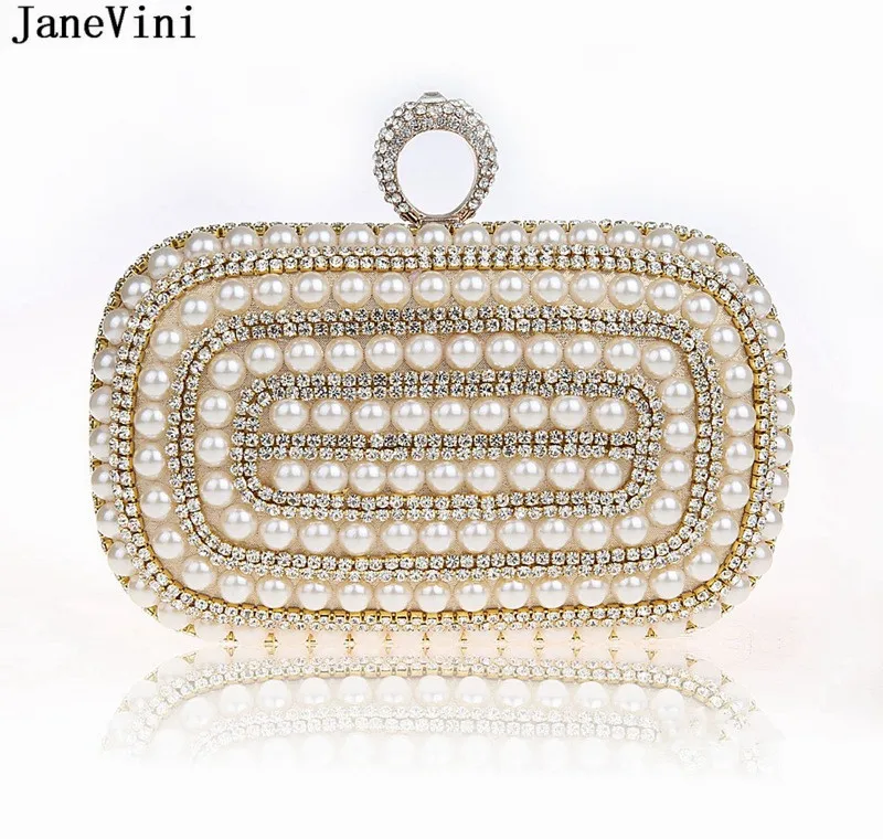 JaneVini Women Rhinestones Pearls Wedding Clutch Ladies Night Party Wallets Ring Bag Gold Black Beaded Evening Banquet Handbags