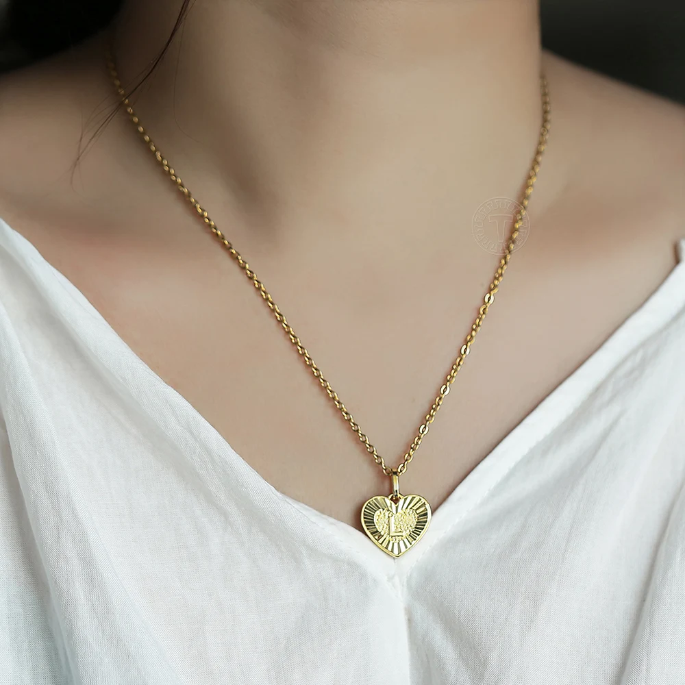 2pcs/set Heart Square Initial Letter Pendant Necklace Rolo Cable Box Chain Gold Color Stainless Steel Name Jewelry for Women