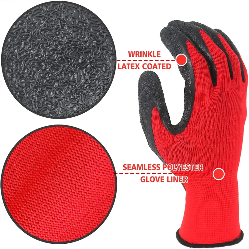 NMSafety Better Grip Ultra-Thin Knit Latex Dip Nylon Red Latex Coated Work Gloves luvas de couro