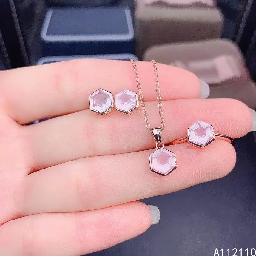 

Fine Jewelry 925 Pure Silver Inset With Natural Gem Women's Luxury Classic Hexagon Rose Quartz Pendant Ring Earring Set Support