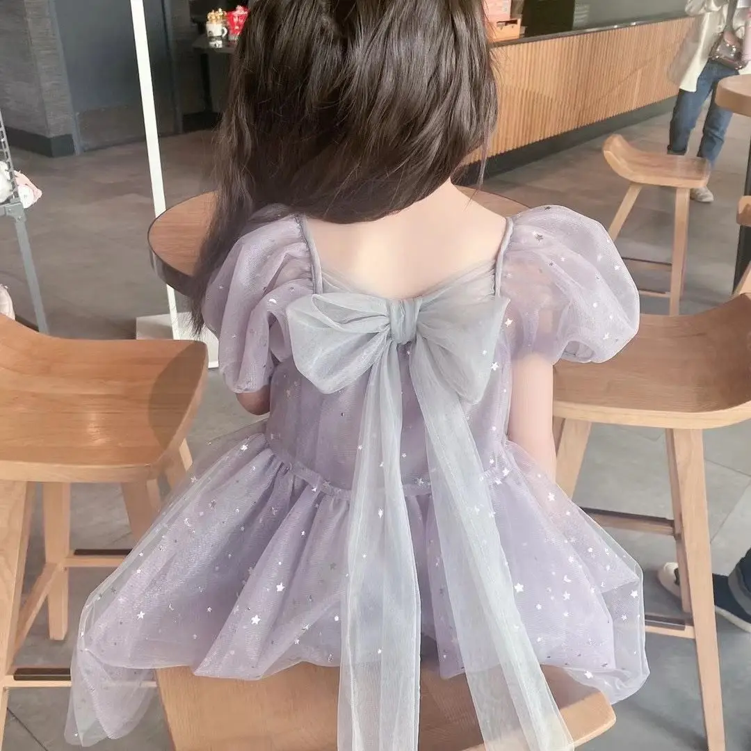 Mesh Baby Dress Summer Girl Star Sequins Birthday Princess Dress Bow Floral Children\'s Voile Puff Dresses 2-12 Years Girl Dress