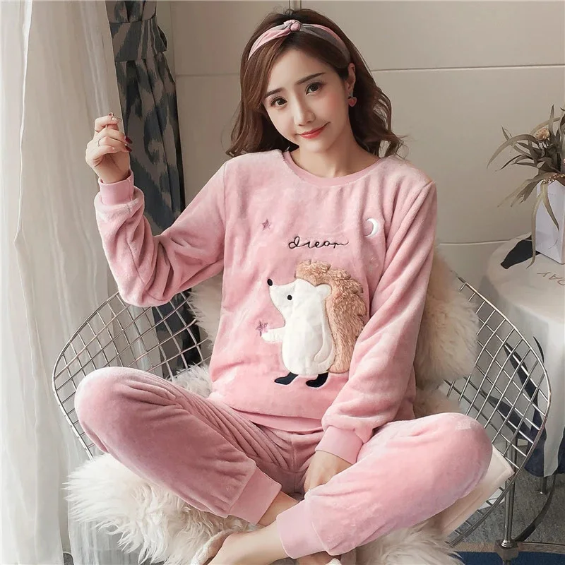 2021 Autumn Winter Pajamas Set Women Sleep Shirt & Pant Set Sleepwear Warm Flannel Nightgown Female Cartoon Bear Animal Pijamas