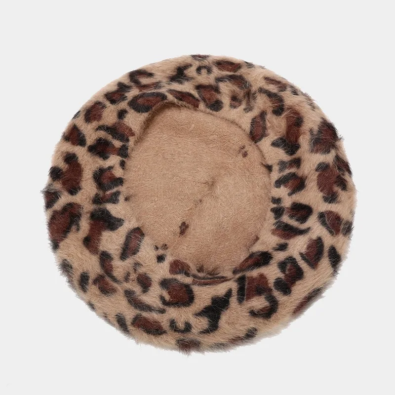 2024 Autumn and Winter Leopard Print Rabbit Fur Buckle Beret Painter Hat Octagonal Hat Women and Girl