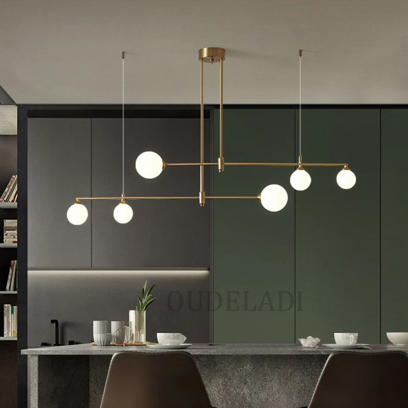 Nordic Copper lighting fixtures Modern Glass Ball Long Chandelier Dining Room Bedroom Kitchen Island  LED Hanging Lamp