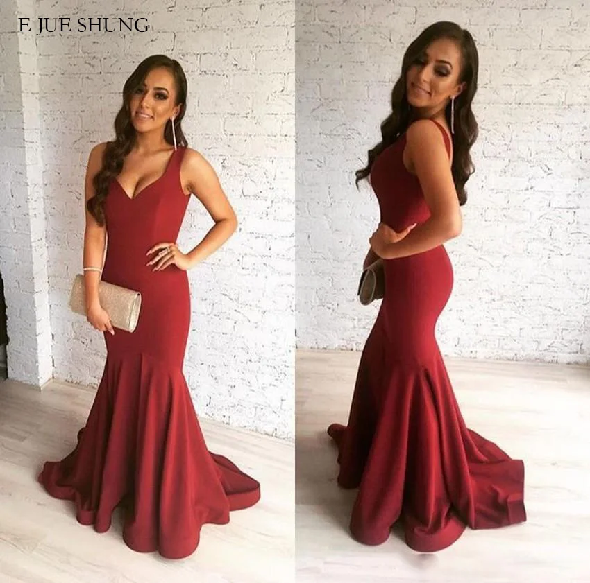 

E JUE SHUNG Burgundy Chiffon Mermaid Evening Dresses long 2020 Deep V-neck long Prom Party Dresses Evening Gowns