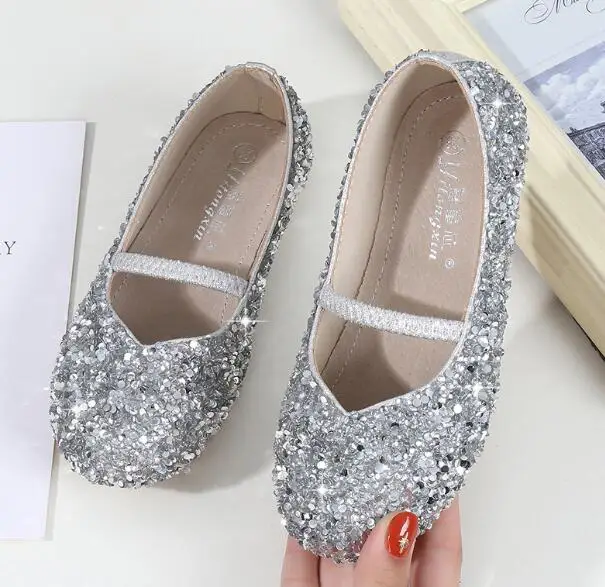 Kids Dress Shoes Size 23-36 Girls Sequins Flats Purple Pink Silver Color crystal Design Princess Dance Shoes Casual Mocassins