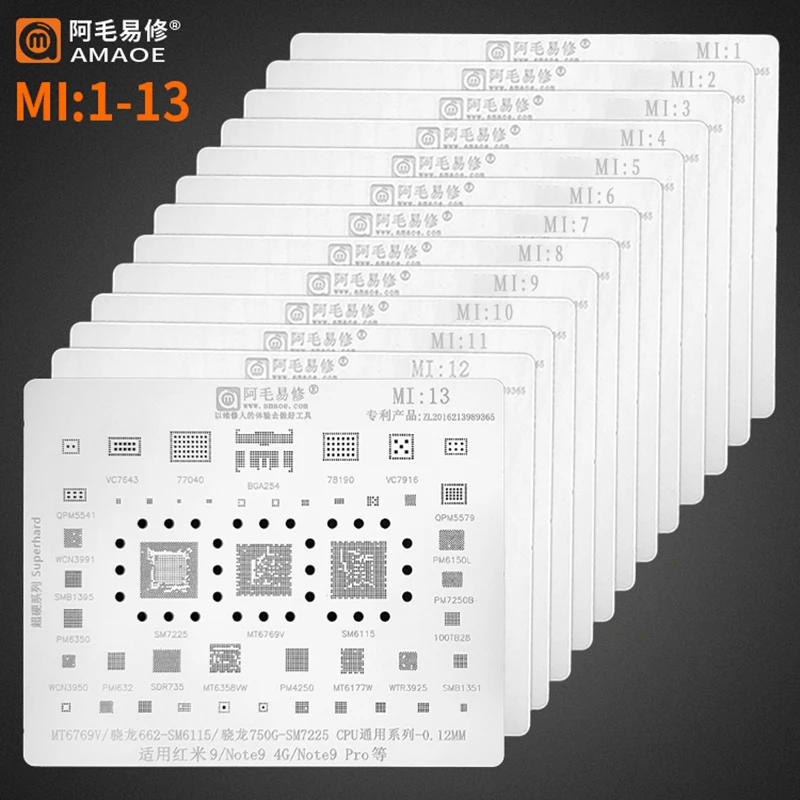 Amaoe Mi1-16 BGA Reballing Stencil For RedMI 9A K50 K40 K30 K20 Note 11 10 7 XiaoMi 12 Pro Max 11 CC9 8 SE CPU RAM POWER IC Chip