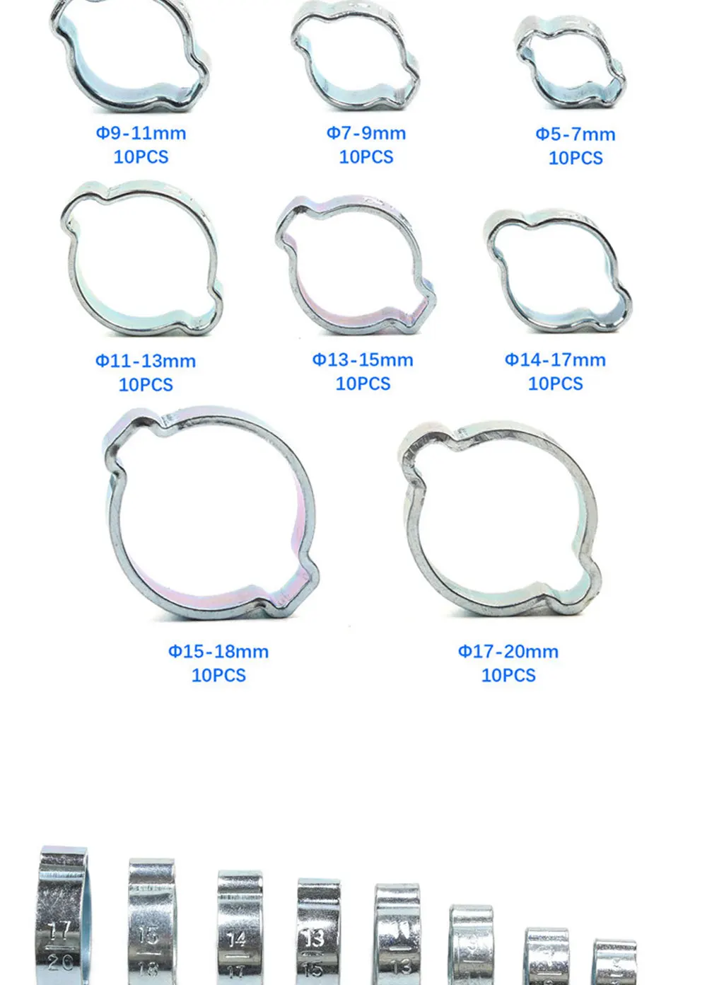 160 pièces 5-23mm Double Oreille O Clips pinces de tuyau,Réglable