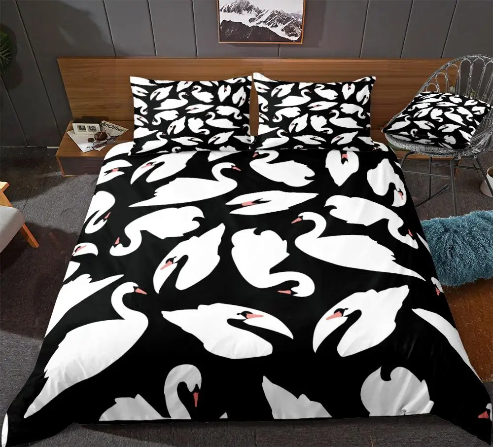 

Swan Bedding Set Cartoon Duvet Cover Set Black White Bed Linen Kids Teens Home Textile Cartoon Swans Bedclothes Boys Beds Set