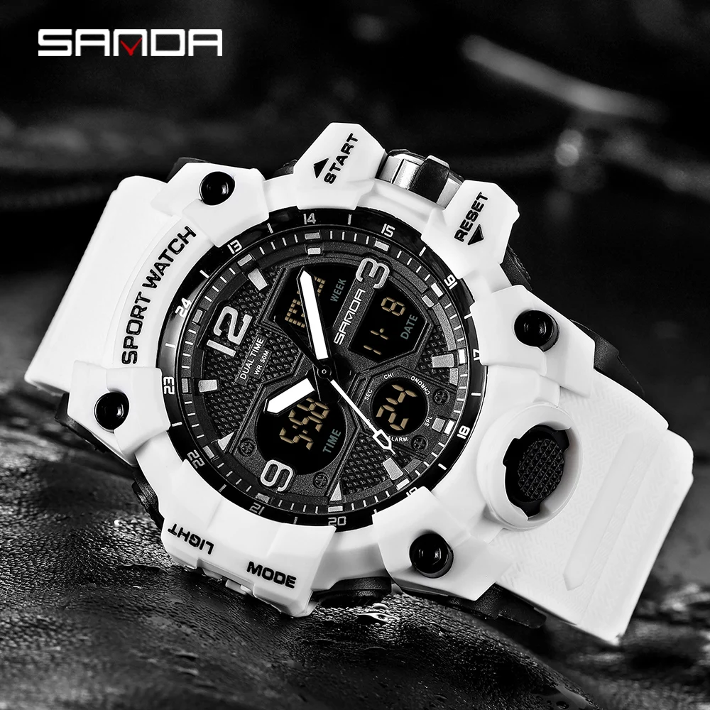 SANDA-Montre Militaire Blanche pour Homme, Style dehors, Numérique LED, Étanche à 50m, Horloge Masculine