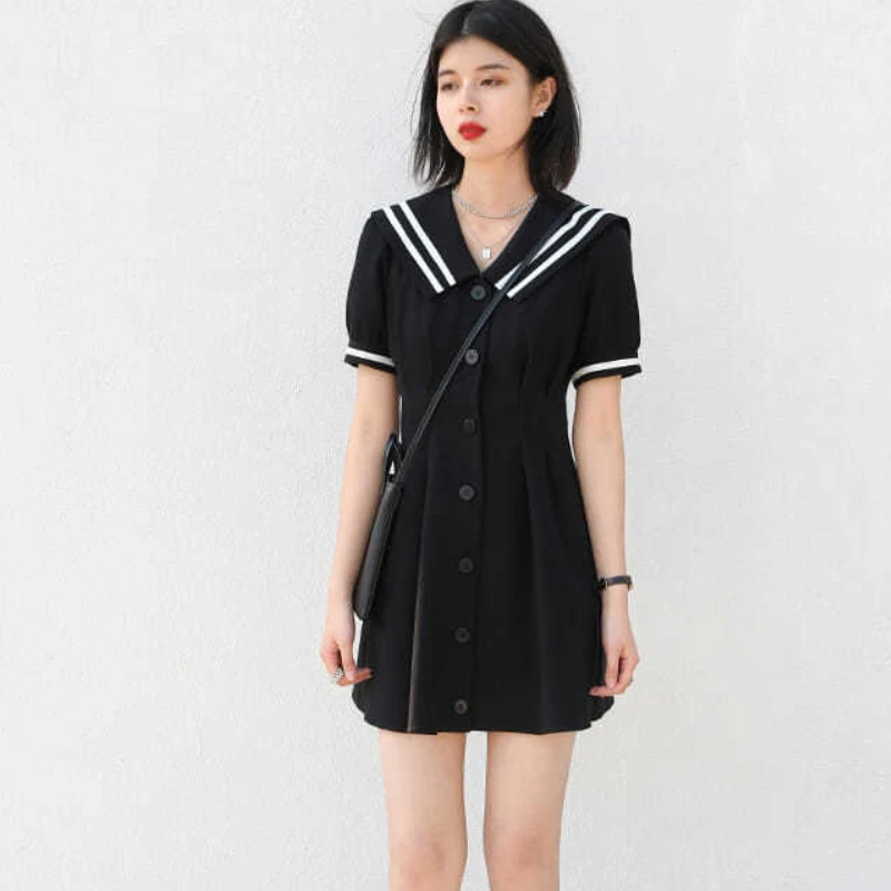 Dress Women Summer Fashion New Leisure Japanese Style Sweet College Vintage A-line Sailor Collar Streetwear Female Vestido Solid