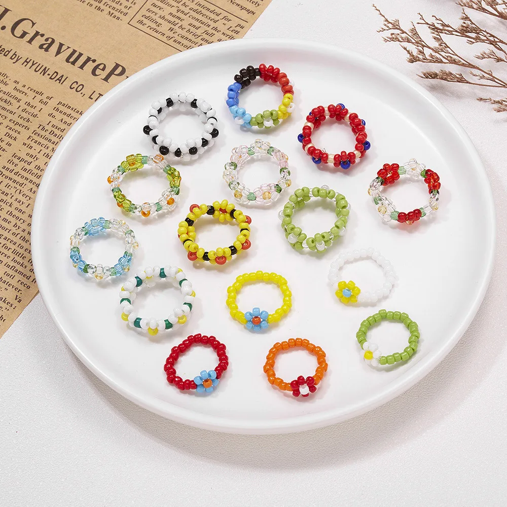 Korean Colorful Boho Chic Seed Beads Finger Rings For Women Jewelry Fashion Flower Crystal Beaded Y2k Rings 2021 New Prom Gift