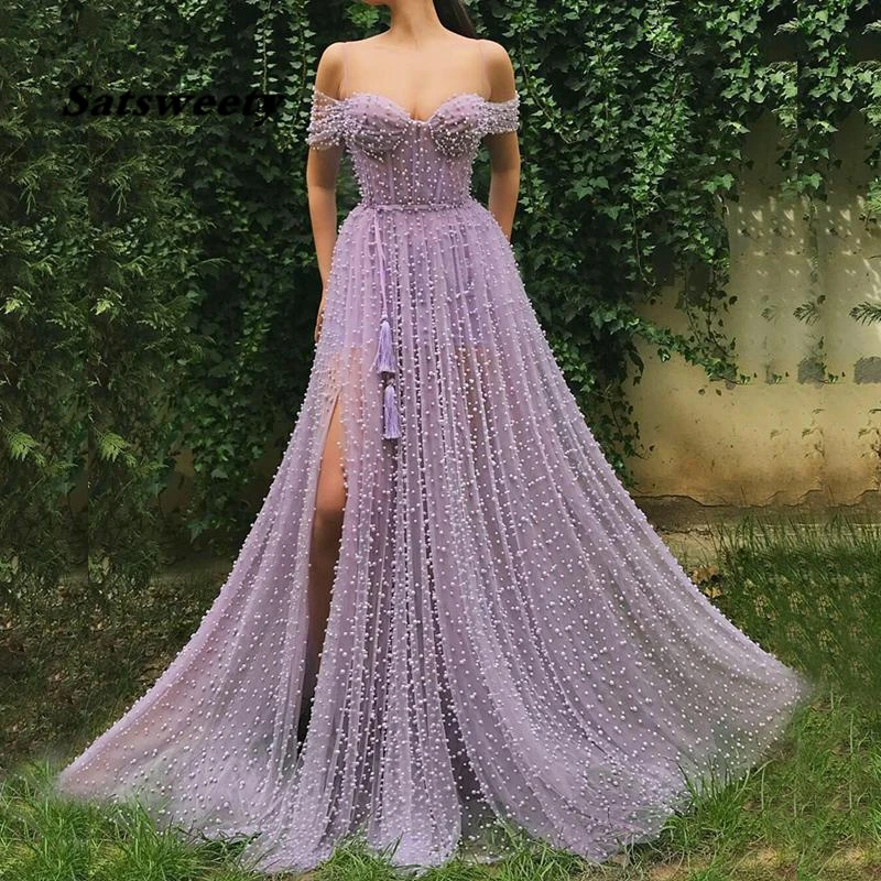 Charming Pearls Purple Evening Dresses Off Shoulder Long Elegant Side Sleeves Open Slit A line Prom Dress