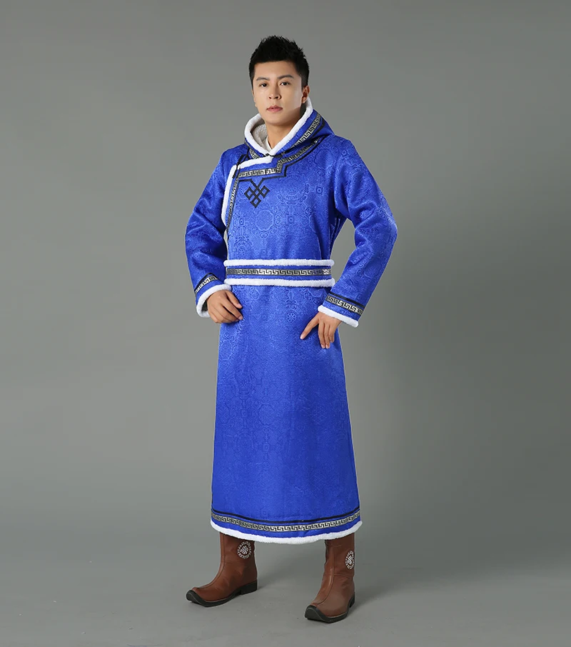 Winter Men Coats Long Jackets Traditional Mongolian Robe Thick Hooded Mongolia Costume Oriental Ethnic Style Chinese Tang Suit