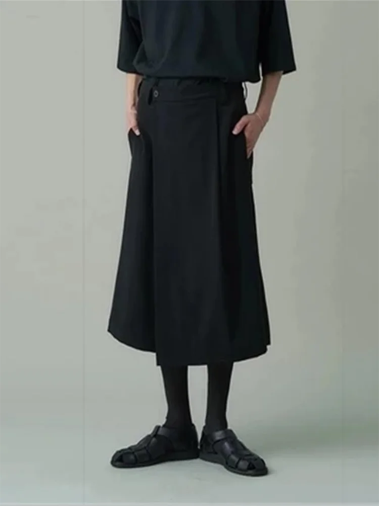 

Men's Casual Pants Wide Leg Trouser Spring And Autumn New Black Cascading Seven-Point Design Asymmetrical Fashion Trouser Skirt